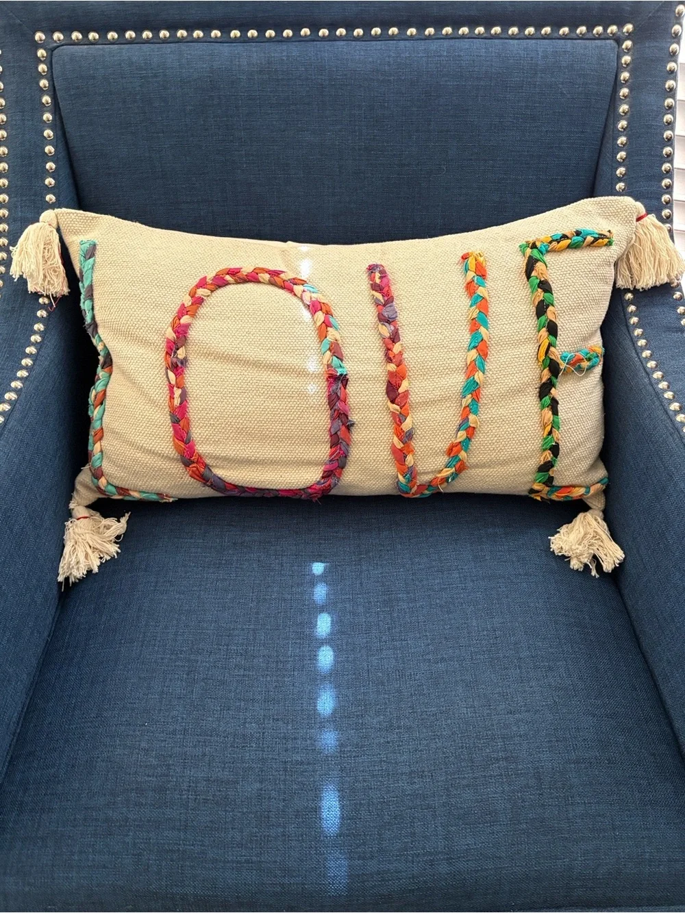 NWT Neutral Canvas Throw Pillow with Braided LOVE and Tassels